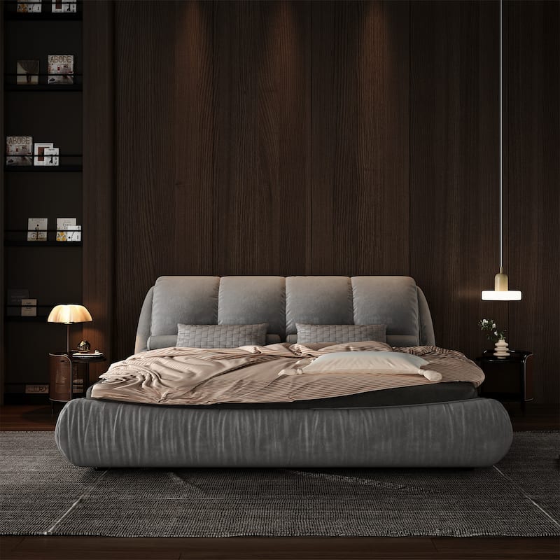 Luxury Upholstered Platform Bed with Thick Headboard, Polyester Fabric Bed w/Oversized Padded Backrest, Slat Support Bed Frame