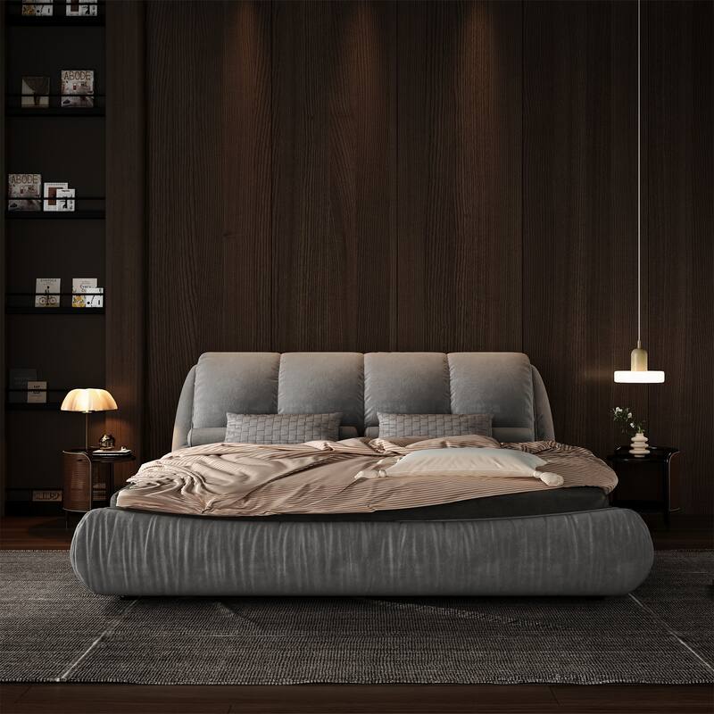 Queen Size Upholstered Platform Bed with Cushioned Headboard - Sturdy Solid Wood Frame.