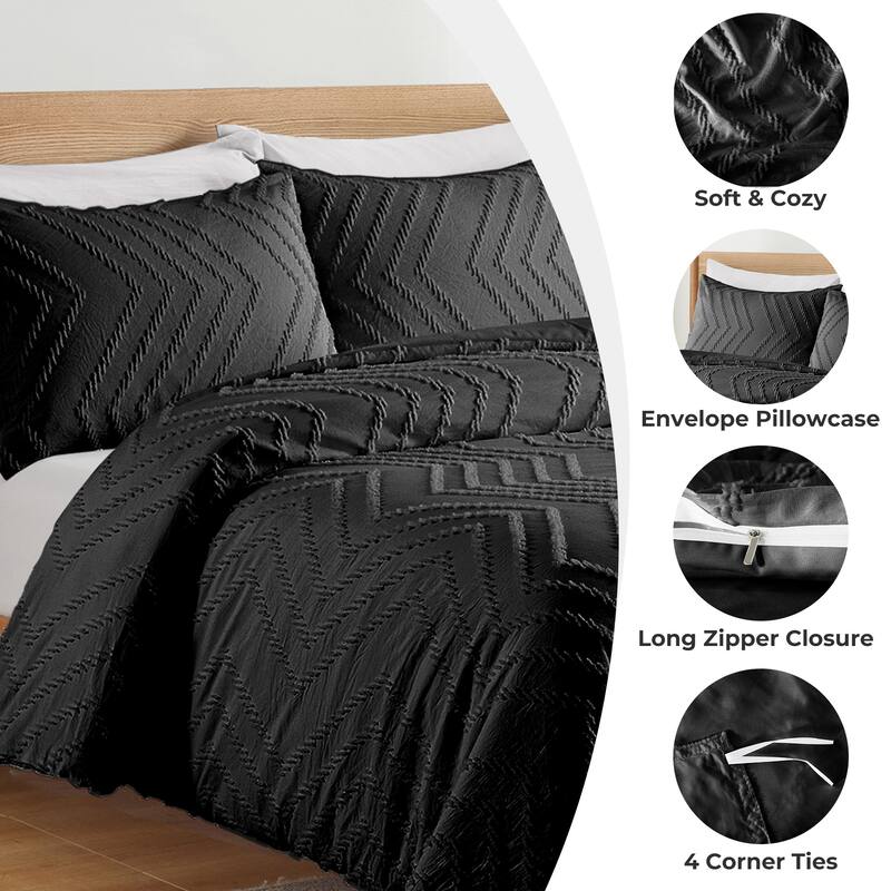 Clipped Jacquard Geometric Duvet Cover & Pillowcase Set - Black/Wave - Twin