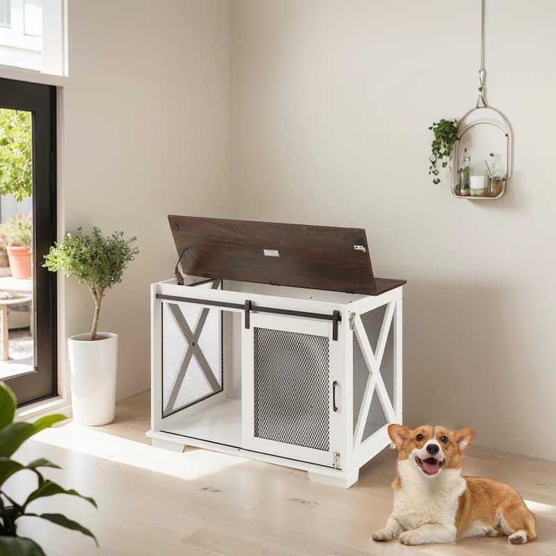 37'' Farmhouse Dog Crate Furniture Side End Table,Kennel Indoor