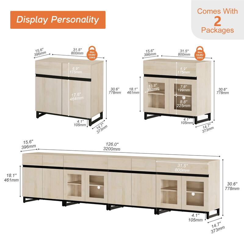 4 in 1 TV Stand for 120" TVs, Modern Entertainment Center with Glass Doors & Metal Legs