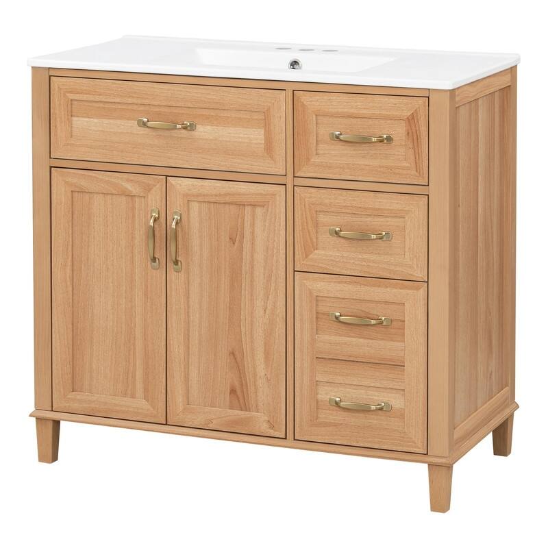 36 Inch Bathroom Vanity with Ceramic Sink, Modern Wood Grain Cabinet with Solid Rubberwood Legs, Soft-Close Doors & 4 Drawers