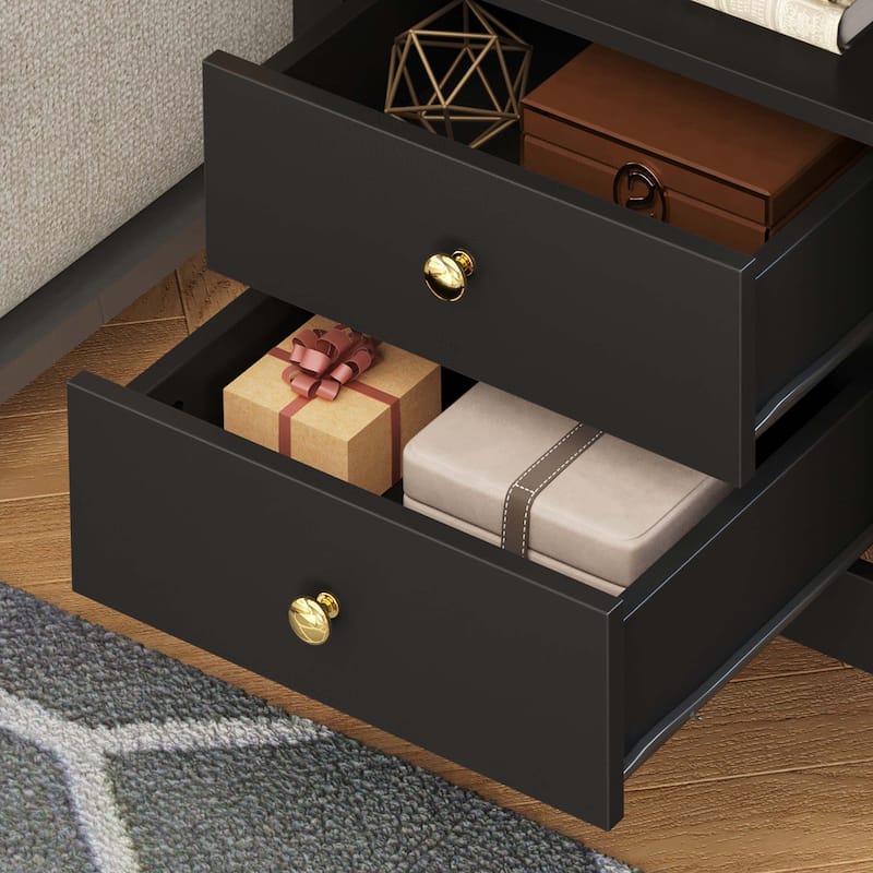 Moasis Modern LED Nightstand Set of 2 with Drawer and Storage Shelf, Bedside Table with Charging Station