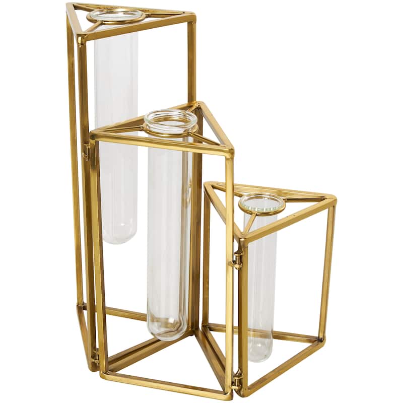 Stainless Steel Metal Foldable Test Tube Bud Vase with Triangular Frames - Gold - Roche River Decor - 4"W x 14"L x 12"H