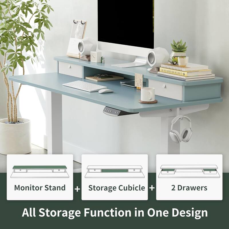 FEZIBO Height Adjustable Electric Standing Desk with Double Drawer, Stand Up Desk with Storage Shelf, Sit Stand Desk