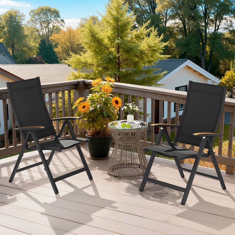 Outdoor Patio Aluminum Folding Chairs Set with Adjustable Backrest, Solid Wood Armrest