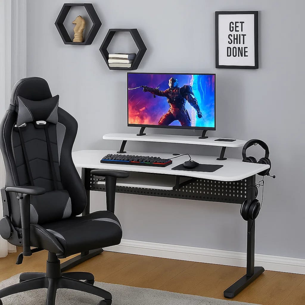 Gaming Table with USB Plugin and Headset Rack, White