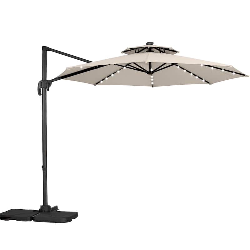 Autlaycil 10FT Cantilever Patio Umbrella with Solar Lights Included Base 360 Rotation Large Offset Hanging Outdoor Shade