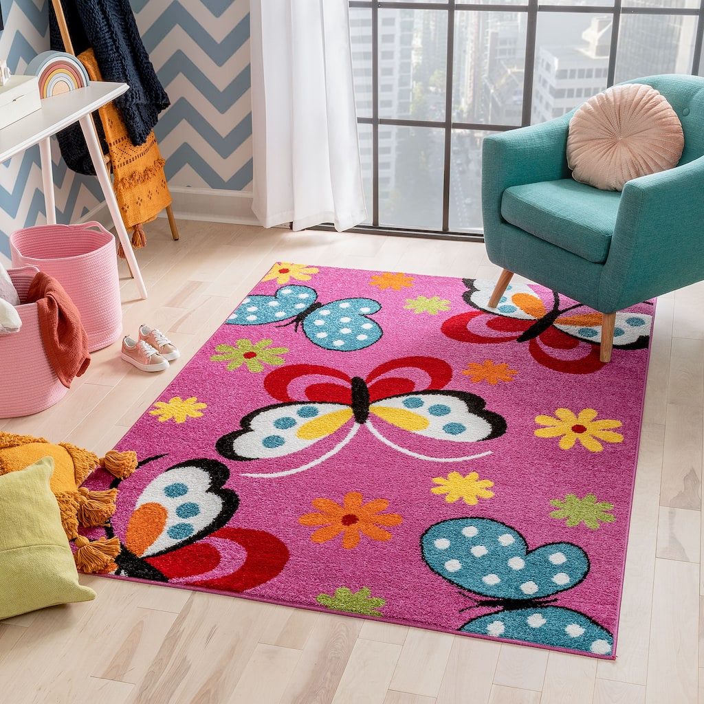 Well Woven Starbright Daisy Butterflies Kids Area Rug