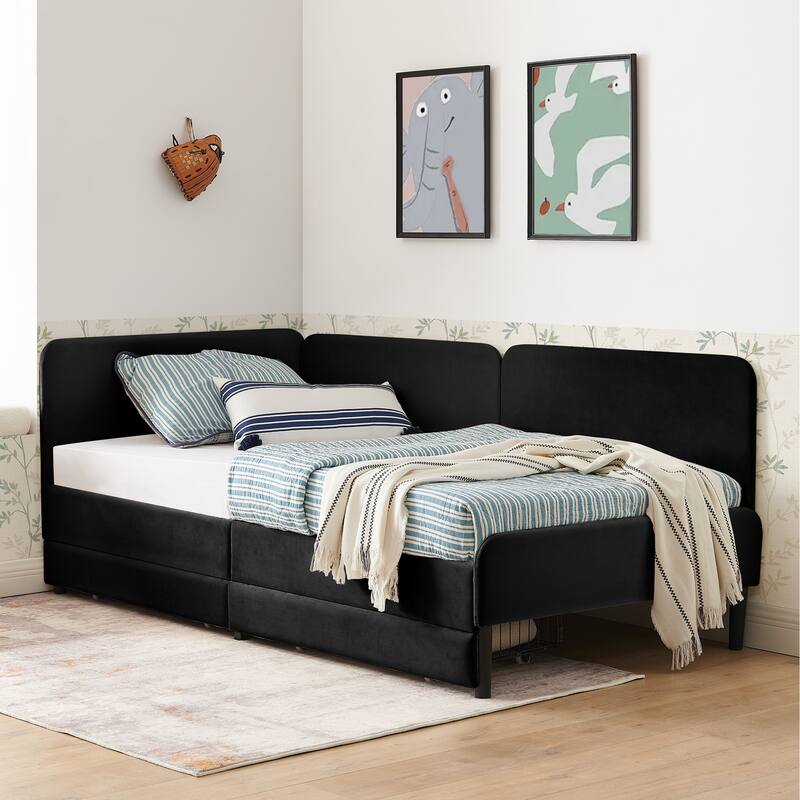 Twin Size Upholstered Platform Bed Frame With 2 Storage Drawers, Adjustable Velvet Sofa Bed