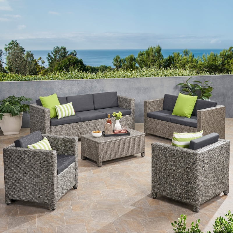 Puerta Outdoor 7-seater Cushioned Wicker Sofa Chat Set by Christopher Knight Home