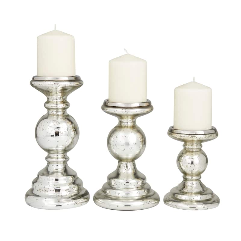 Silver Glass Turned Style Pillar Candle Holder (Set of 3) On Sale