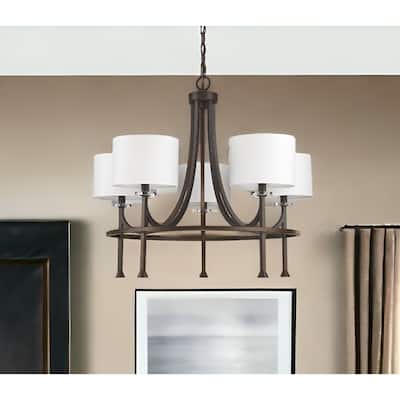 HomeRoots Brown Candle Style Five Light Metal and Crystals Dimmable Chandelier With White Shades - 28' X '24.5' X '28