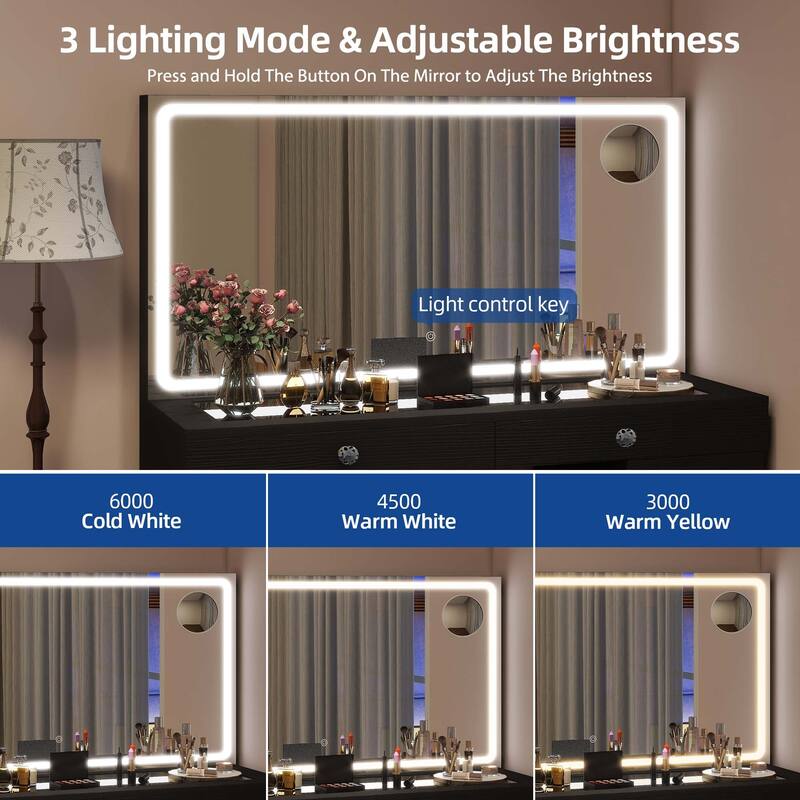 Moasis 45.5" Modern Vanity Table, 8 Drawers, Lights, Mirror, Power Outlet