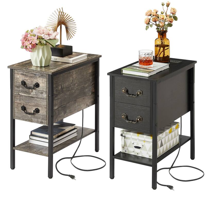 Taomika Industrial 2-Drawer Nightstand with Charging Station 2 USB/2 AC Ports & Open Shelf for Bedroom and Living Room