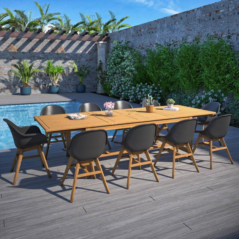 Amazonia Hawaii White 11 piece Extendable Rectangular Patio Dining Set - 11 Piece - Light Wood Finish and Black Chairs