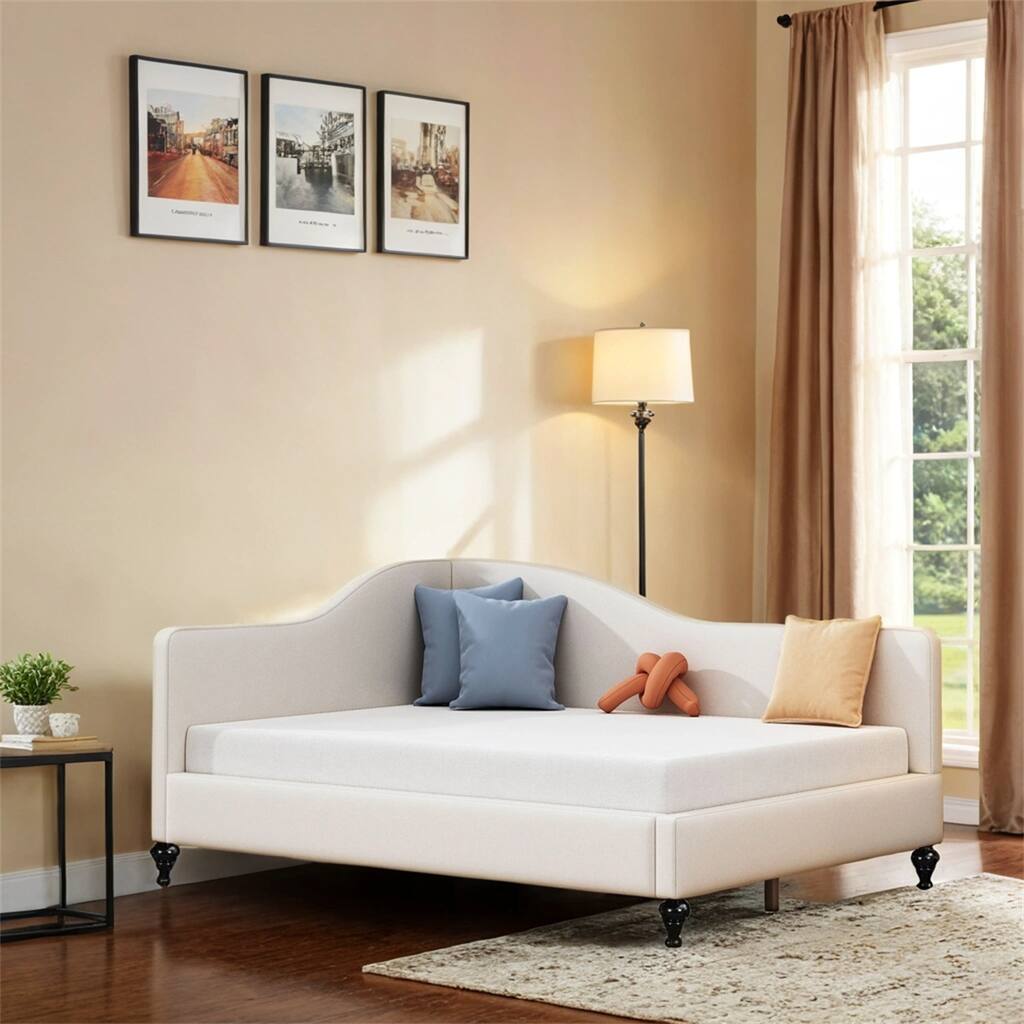 Full Size L-Shaped Linen Daybed,with Solid Wood Legs