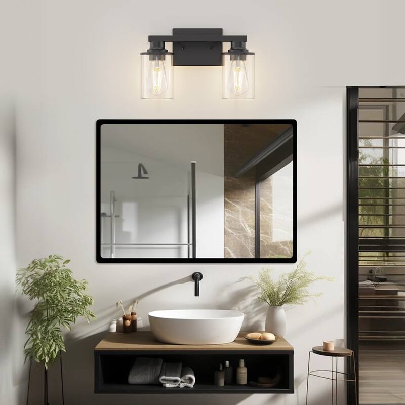 YANSUN 2-Light Bathroom Mirror Light,Matte Black Wall Sconce with Transparent Glass Shades - 14.6 * 10 * 7.5