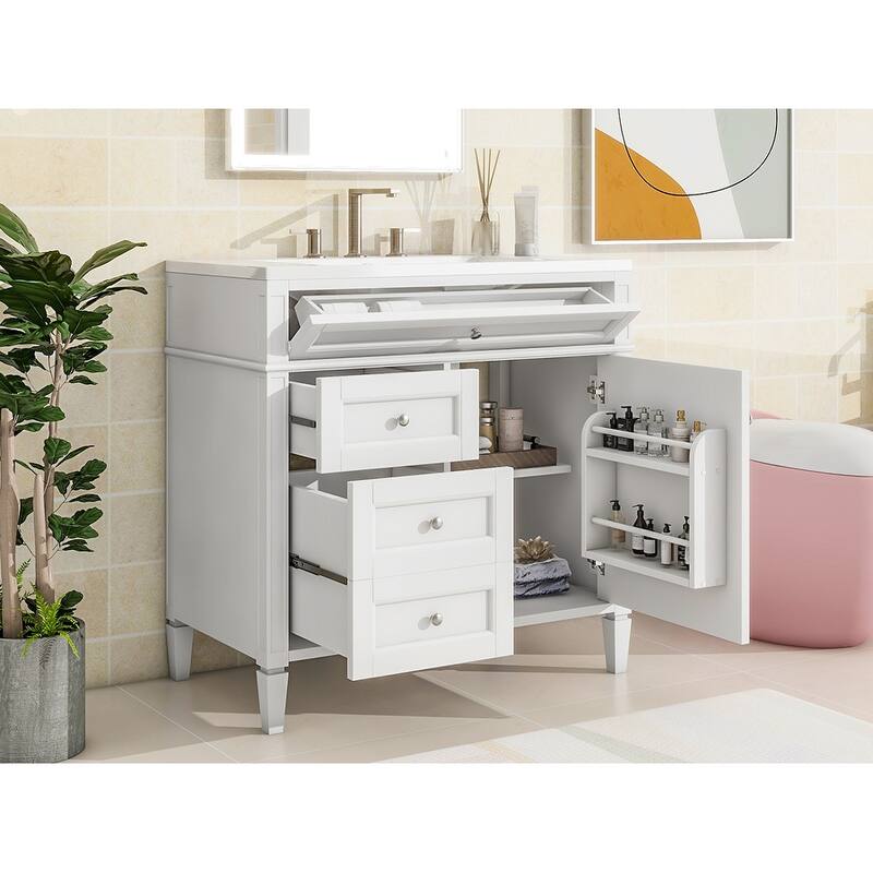 Modern Bathroom Vanity with Amber Storage, Ceramic Sink, 3 Drawers, Tip-Out Drawer, and Concealed Storage