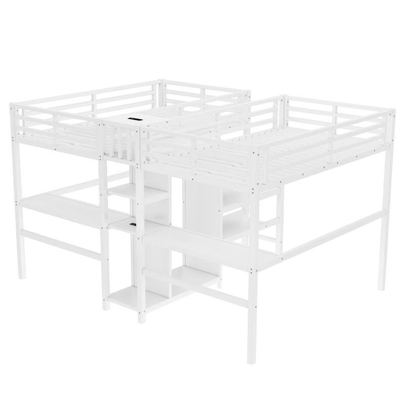 Twin Over Twin Metal Loft Bed with Double Desk, Wardrobe, Shelves & Electrical Outlet for Space Saving and Noise Reduction