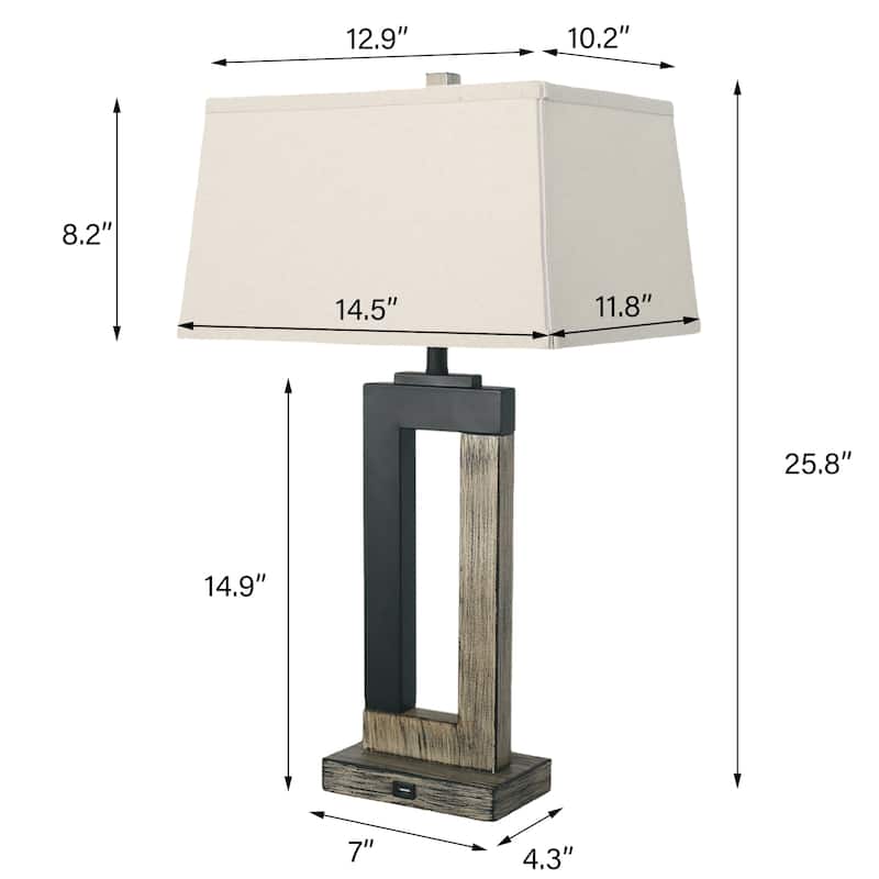 Rectangle Wood USB Table Lamps Set of 2