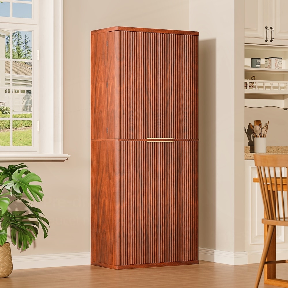 Kitchen Pantry Modern Fluted Wood Storage Cabinet with Doors