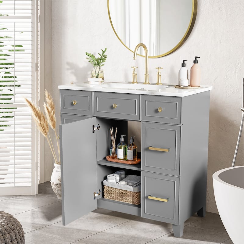 36" Bathroom Vanity with Ceramic Sink,Solid Wood Frame