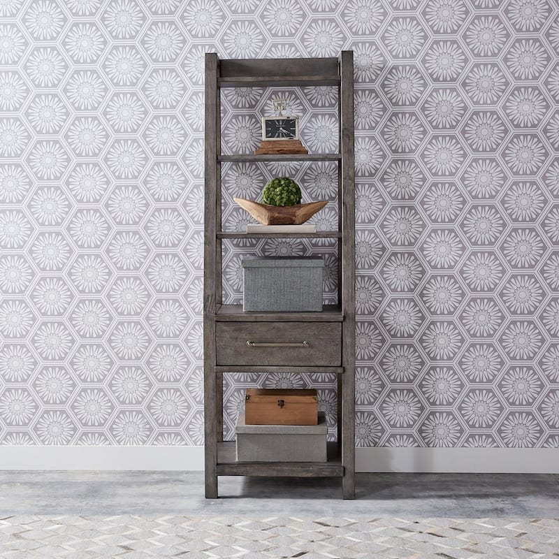 Modern Farmhouse Dusty Charcoal Distressed Leaning Bookcase - Distressed