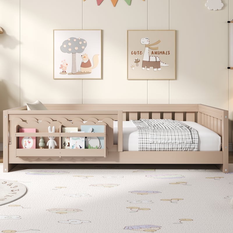 GDFStudio - Modern Wooden Full Size Platform Bed with Guardrail and Storage Shelves
