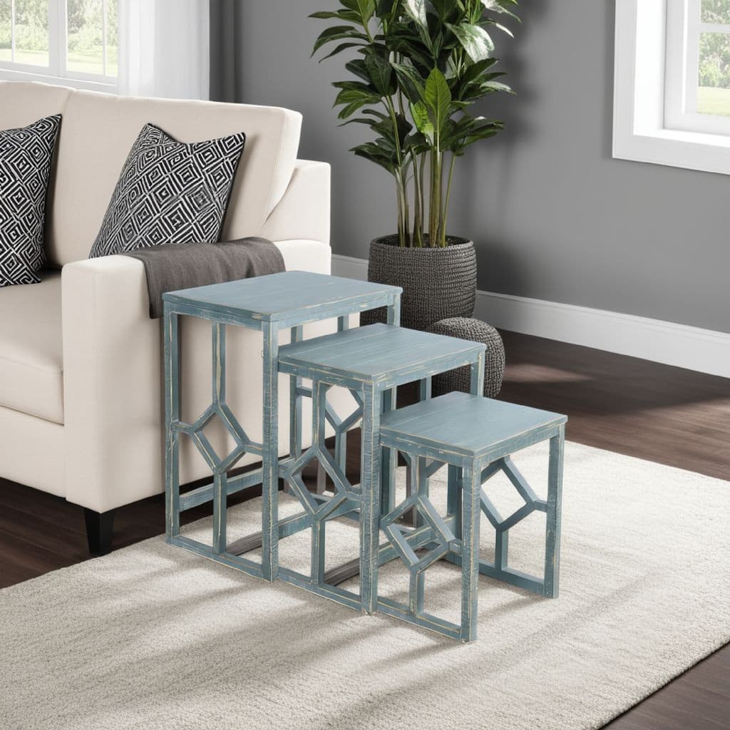Rena 3 Piece Nesting Accent Table Set, Slatted, Rustic Green Mahogany