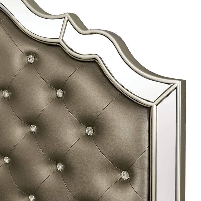 Mila Queen Bed, Carved Button Tufted Faux Leather Upholstery, Mirrored, Silver