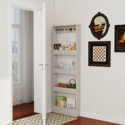 69" Tall Bookcase with 4 Shelves and 5 hooks, Wall Mounted Space-Saving Narrow storage cabinet for Living Room