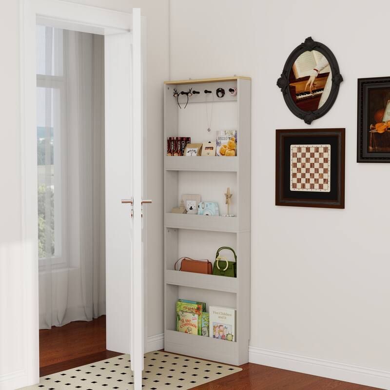 69" Tall Narrow Storage Cabinet with 4 Shelves & 5 Hooks, Space-Saving Behind-the-Door Bookcase Organizer - White