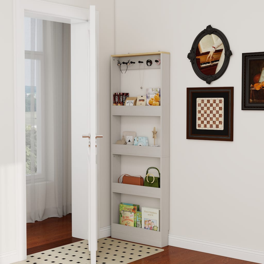 69" Tall Narrow Storage Cabinet with 4 Shelves & 5 Hooks, Space-Saving Behind-the-Door Bookcase Organizer