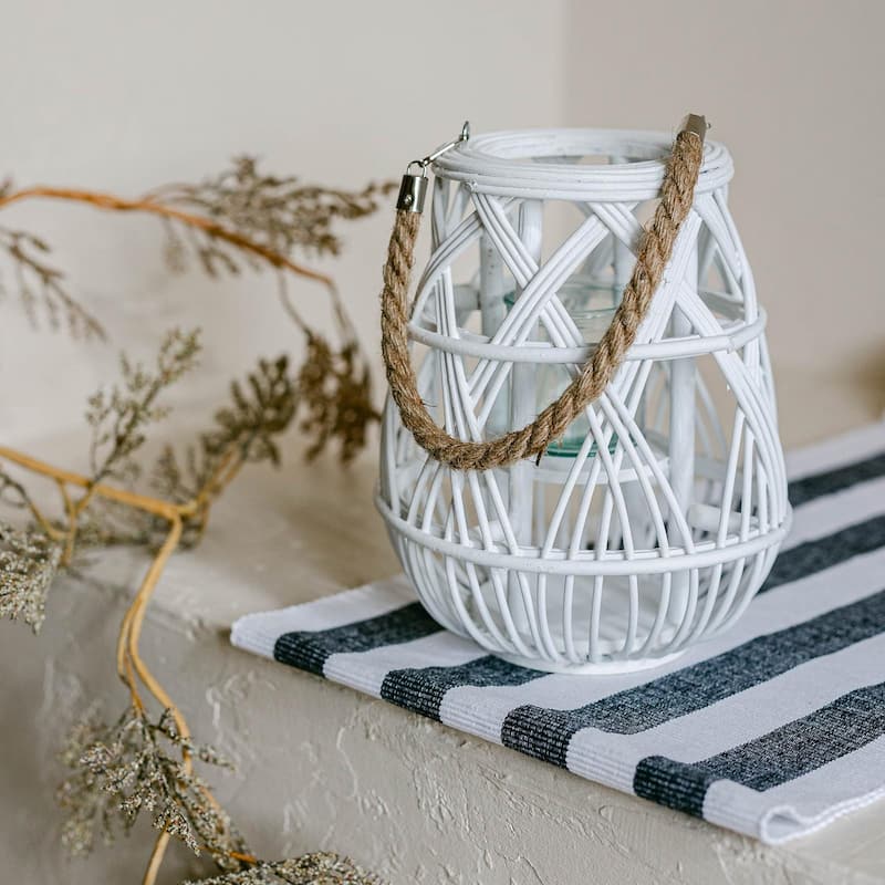 Wood With Open Weave Look And Rope Handle Lantern