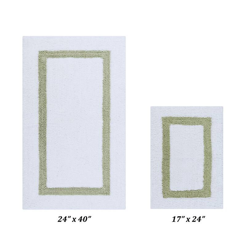 Better Trends Hotel Collection in Race Track 100% Cotton Super Absorbent Reversible Double Sided Machine Washable Bath Mat Rug - 2 Piece Set (17" x 24" | 24" x 40") - White & Sage
