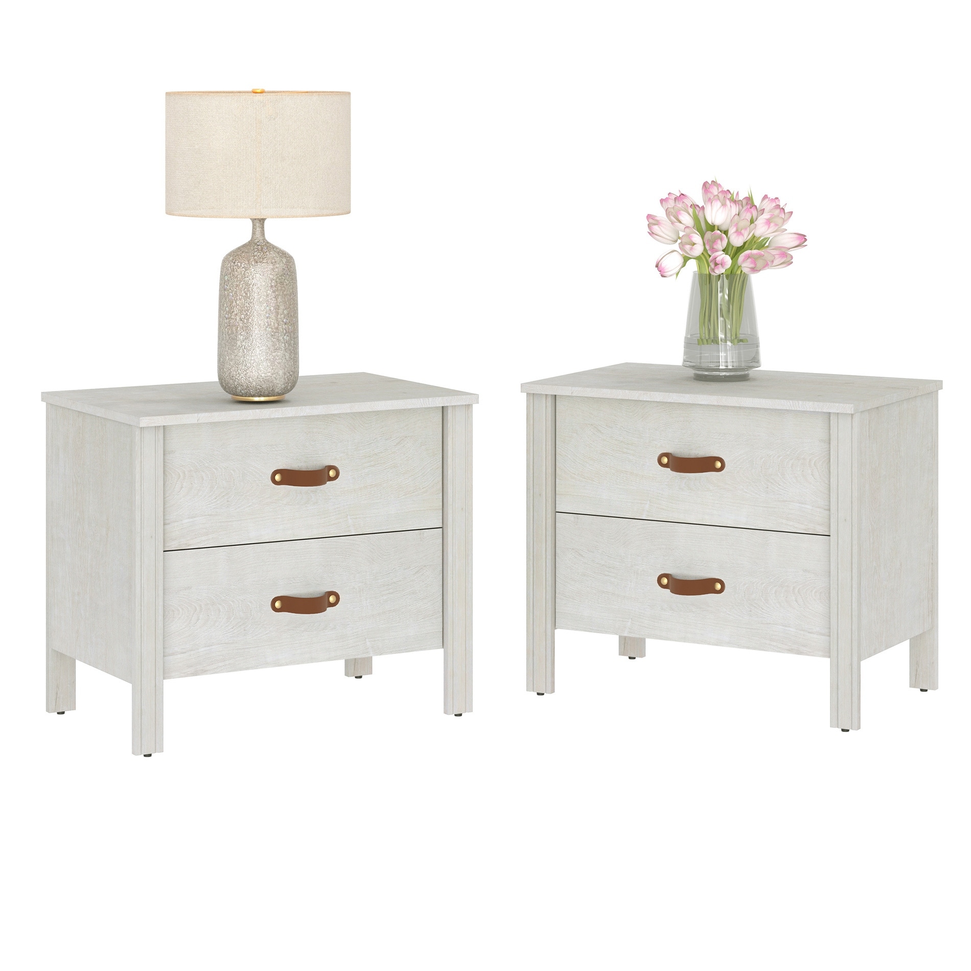 WAMPAT Set of 2 Wood Nightstand for Bedroom, Small Side Table with 2 Drawers，White