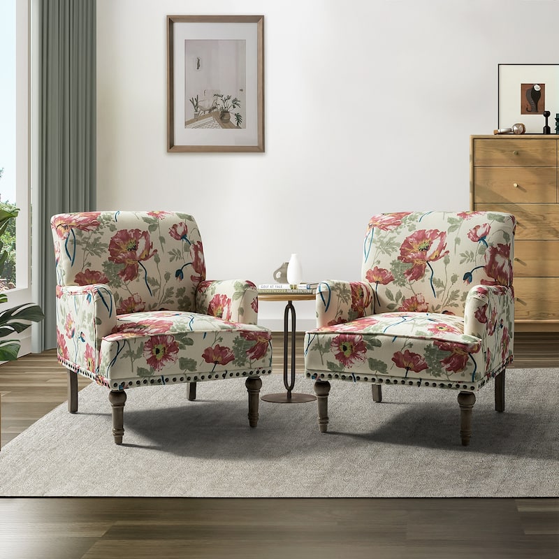 Pavia Traditional Floral Fabric Design Upholstered Accent Armchair with Nailhead Trim Set of 2 by HULALA HOME - RED