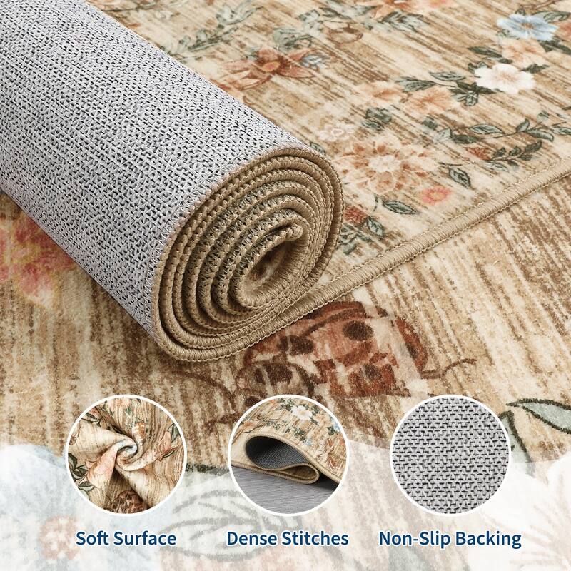 Modern Insect Botanical Pattern Area Rug Floral Print Rug Non-Slip Low Pile Soft Accent Carpet for Living Room Bedroom