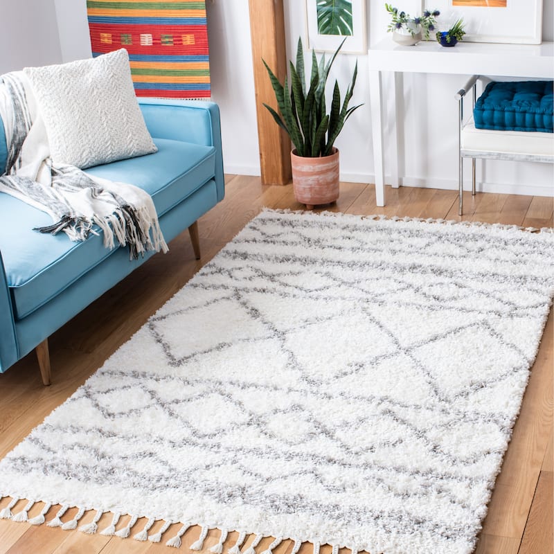 SAFAVIEH Pro Lux Shag Dottie Moroccan Tassel 2.4-inch Thick - 9' x 12' - Ivory/Grey - Runner/Rectangle