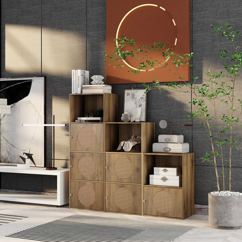 Grondin Boho Style Accent Floor Storage Cabinet with Rattan Doors