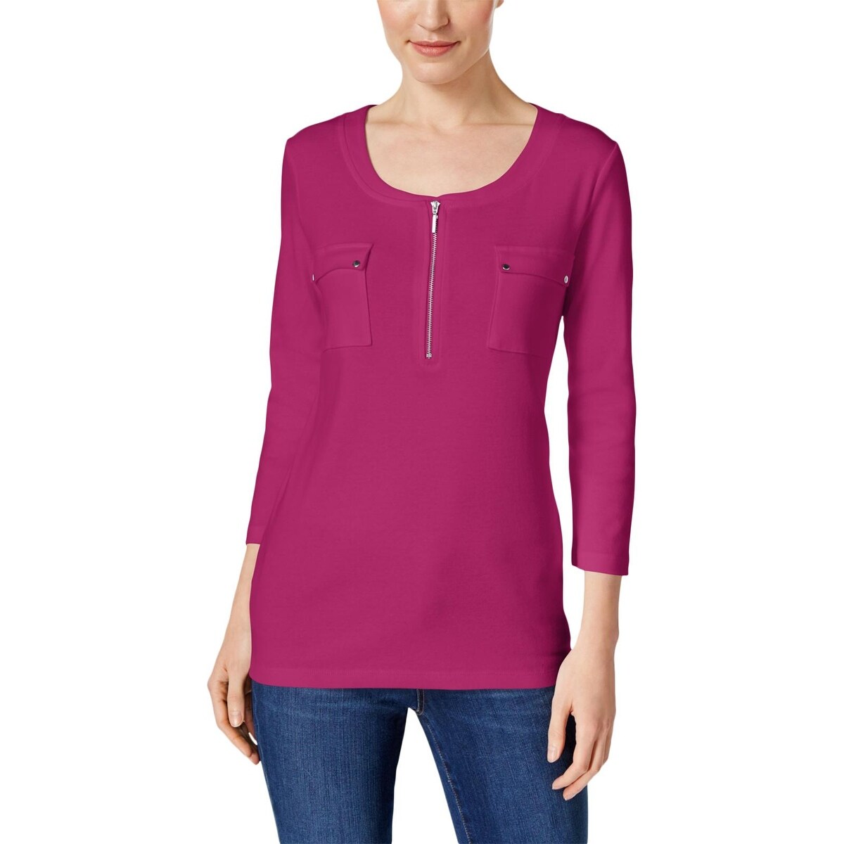 Shop Karen Scott Womens Henley Top Zip Neck Double Pockets