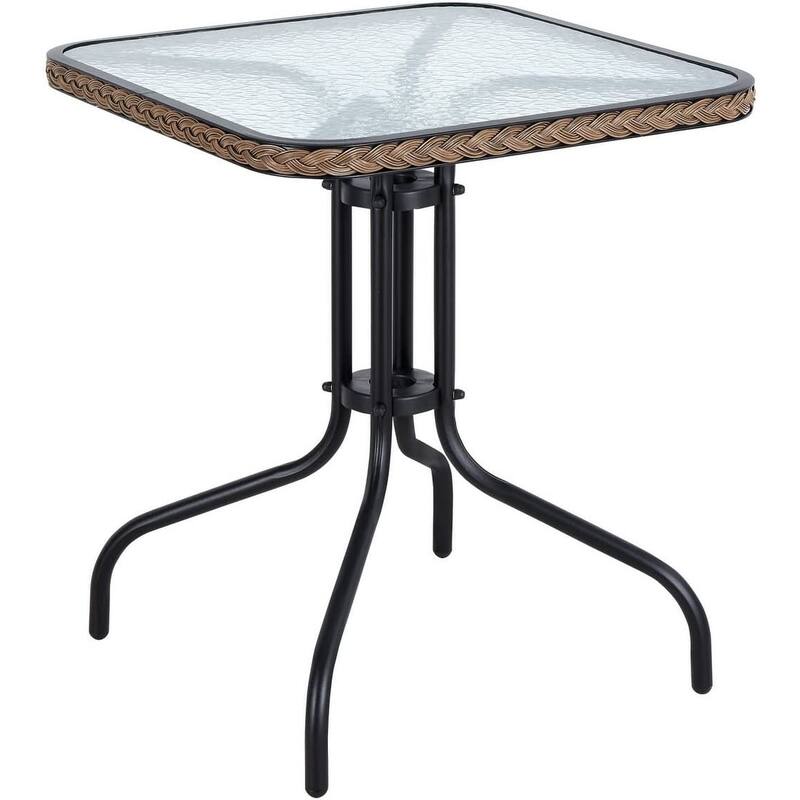 BTEXPERT Indoor Outdoor 28" Square Tempered Glass Metal Table Black Rattan Trim + 4 Black Restaurant Rattan Stack Chairs