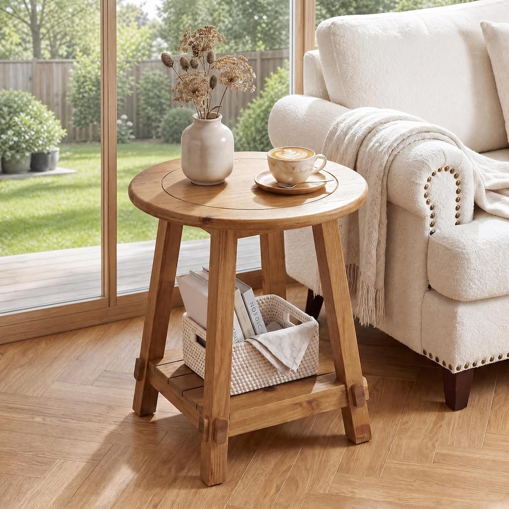 Solid Wood End Tables for Living Room, 2-Tier Small Sofa Couch Side Table with Shelf - 23.62" L × 23.62" W × 25.98" H