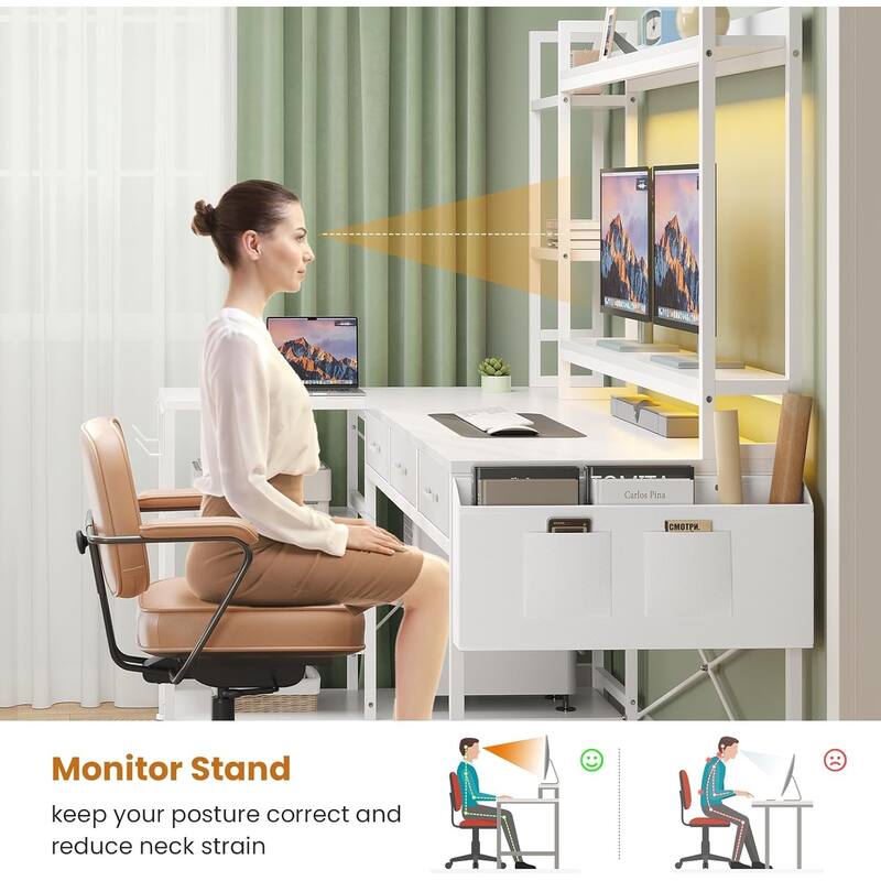 55" L Shaped Gaming Desk Corner Computer Desk Fabric Drawers