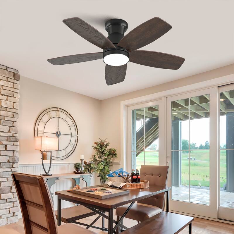 32-inch Low-Profile Ceiling Fan with Light and Remote Control, Dimmable Quiet DC Motor - Black + Dark Walnut