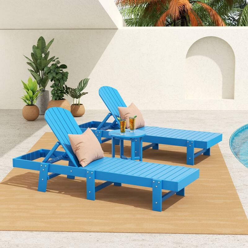 Altura Armless Poly Eco-Friendly All Weather Reclining Chaise Lounge with Side Table Set (3-Piece Set) - Pacific Blue