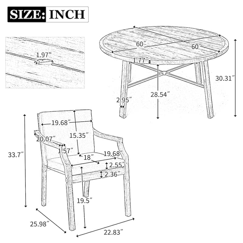 5 Pcs Outdoor Dinning Set, Wooden Patio Furniture Set, Round Table with Umbrella Hole, 4 Chairs with Removable Cushions