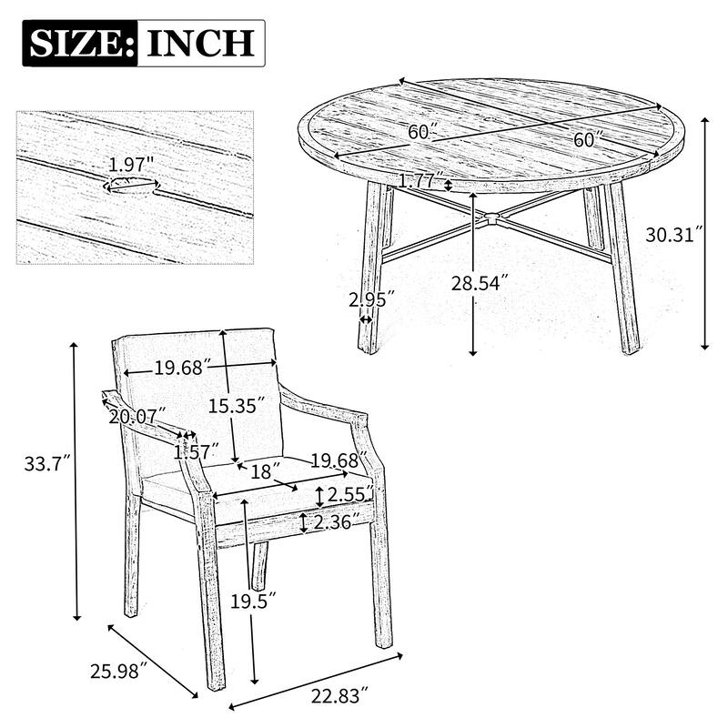 Outdoor Dinning Set 4-Person Outdoor Wooden Dinning Set with an Umbrella Hole and Removable Cushions for Patio, Backyard - Grey