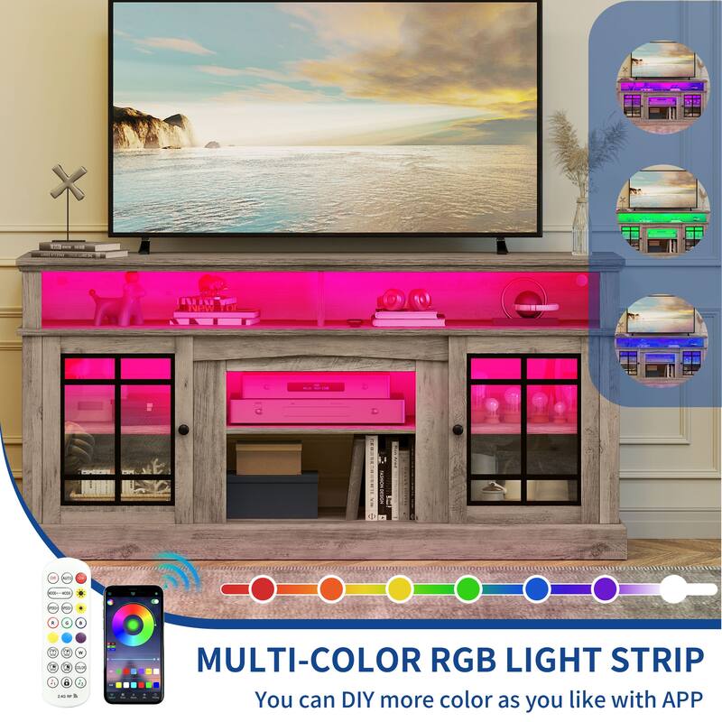 Moasis LED Farmhouse TV Stand Highboy Entertainment Center Media Console with Adjustable Shelves & Glass Doors